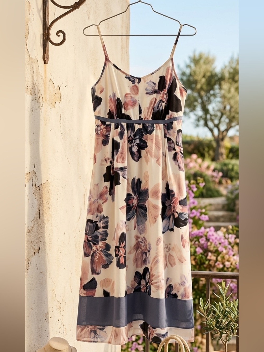 Simply Vera Vera Wang Cream Floral Spaghetti-Strap Midi Dress with Navy Accents